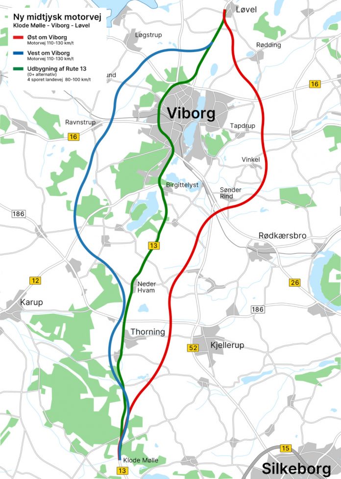 Ny midtjysk motorvej føres vest om Viborg (den blå linjeføring). Illustration: Vejdirektoratet.