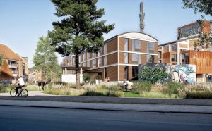 AAB skal bygge nye studieboliger ved Spinderihallerne i Vejle. Visualisering: Ravn Arkitektur.