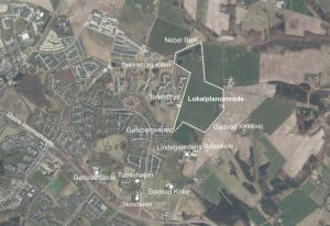 Der skal bygges omkring 150 række-, parcel- og kompakthuse i området øst for Tusindfryd i Gødvad. Foto: Silkeborg Kommune.