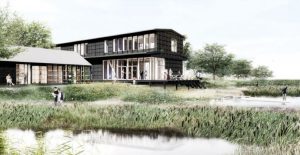 Illustration af det kommende forsamlingshus set fra den grønne kile. Illustration: OS Arkitekter.