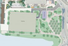 Endnu en lokalplan baner vej for omdannelse af erhvervshavn Lokalplan 236 dækker et mindre område i den sydlige del af havnen i Nykøbing Falster. Illustrationen fra lokalplanen viser hvordan området kan omdannes til et grønt byrum med stiforbindelser og cykelparkering. Den grå firkant er Sukkerladen, hvor der planlægges at etablere parkering. Illustration: Guldborgsund Kommune.