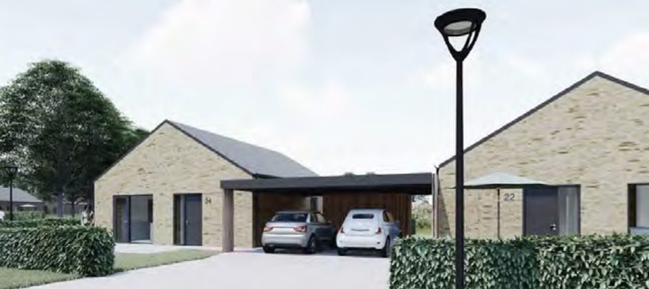 P&aring; hj&oslash;rnet af F&aring;rupvej og Skinbjergvej i Jelling skal der bygges 30 nye r&aelig;kkehuse. Illustration fra lokalplanen.