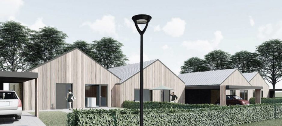 P&aring; hj&oslash;rnet af F&aring;rupvej og Skinbjergvej i Jelling skal der bygges 30 nye r&aelig;kkehuse. Illustration fra lokalplanen.