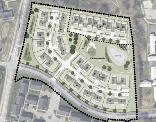 P&aring; hj&oslash;rnet af F&aring;rupvej og Skinbjergvej i Jelling skal der bygges 30 nye r&aelig;kkehuse. Illustration fra lokalplanen.