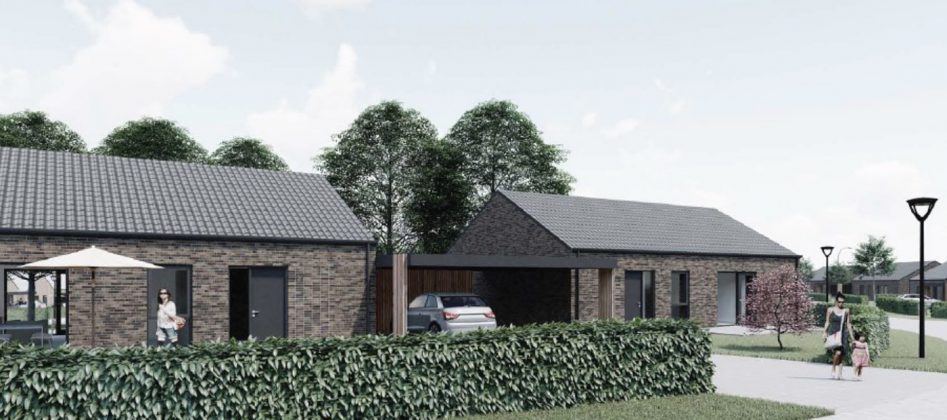 P&aring; hj&oslash;rnet af F&aring;rupvej og Skinbjergvej i Jelling skal der bygges 30 nye r&aelig;kkehuse. Illustration fra lokalplanen.