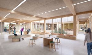 Luitpold Gymnasium. Indendørs vil der bl.a. være synlige trækonstruktioner. Illustration: Arkitema / Hild und K.