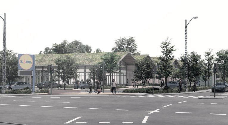 Lidl vil bygge en ny butik p&aring; hj&oslash;rnet af Buddingevej og Gammelmosevej. Illustration fra lokalplanen.