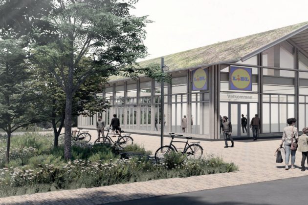 Lidl vil bygge en ny butik p&aring; hj&oslash;rnet af Buddingevej og Gammelmosevej. Illustration fra lokalplanen.