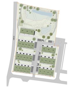 Der skal efter planen bygges 29 nye rækkehuse ved Poul Løthsvej i Aabybro. Illustration: Jammerbugt Kommune.