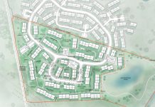 Næste etape af projekt med 300 nordsjællandske boliger på tegnebrættet Illustration af hvordan ny bebyggelse og regnvandshåndtering kan placeres i området. Illustration fra ansøgningsmaterialet.