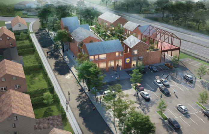 Skitse fra 2019, der viser et projekt med ungdomsboliger og en Lidl-butik på grunden ved Jernstøbervænget, hvor det gamle posthus ligger. Illustration: Elkiær + Ebbeskov Arkitekter.
