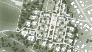 Ejendomsudvikler Lars Kjærgaard køber Vrå Skole for at udvikle et nyt bykvarter. Visualisering: Ussing Arkitetur & Design, Arkitektfirmaet Kjaer & Richter.