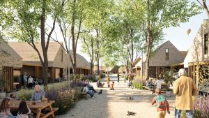 Ejendomsudvikler Lars Kjærgaard køber Vrå Skole for at udvikle et nyt bykvarter. Visualisering: Ussing Arkitetur & Design, Arkitektfirmaet Kjaer & Richter.