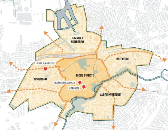 Stjernerne markerer, hvor byeksperimentet foreg&aring;r de kommende tre m&aring;neder. Illustration: Odense Kommune.