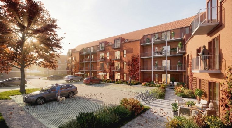 Bramming Boligselskab bygger 30 nye lejligheder p&aring; hj&oslash;rnegrunden p&aring; N&oslash;rregade 23. Illustration: Sweco.