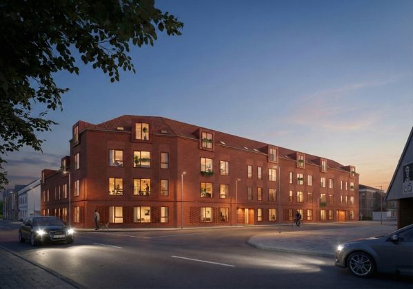 Bramming Boligselskab bygger 30 nye lejligheder p&aring; hj&oslash;rnegrunden p&aring; N&oslash;rregade 23. Illustration: Sweco.