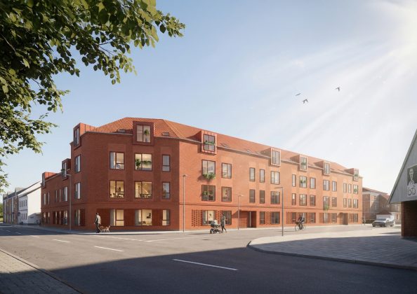 Bramming Boligselskab bygger 30 nye lejligheder p&aring; hj&oslash;rnegrunden p&aring; N&oslash;rregade 23. Illustration: Sweco.