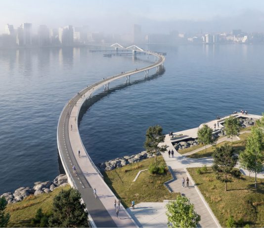 Ny regnemetode: Pris på ny cykel- og gangbro stiger til 657 millioner kroner Visualisering af en mulig ny cykel- og gangbro over Limfjorden set fra Stigsborg. Visualisering: Dissing+Weitling.