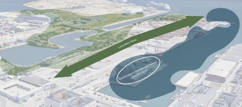 Der skal bygges en ny skole p&aring; Levantkaj i Nordhavn. Illustration: BBP, Henning Larsen, Thing Brandt Landskab, Ramb&oslash;ll.