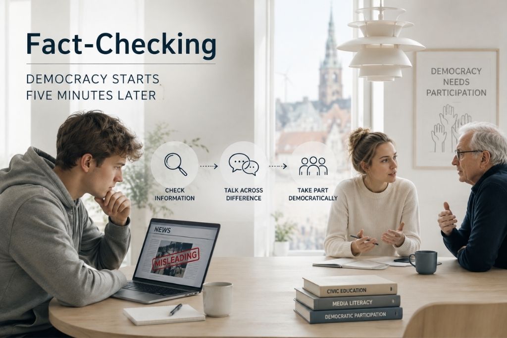 A young man fact-checks online information on a laptop while a woman and an older man discuss it across the table, illustrating the connection between media literacy, dialogue and democratic participation.