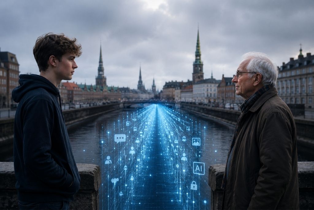 A young man and an older man face each other across a Copenhagen canal, separated by a glowing digital stream representing the generational gap in AI exposure and digital experience.