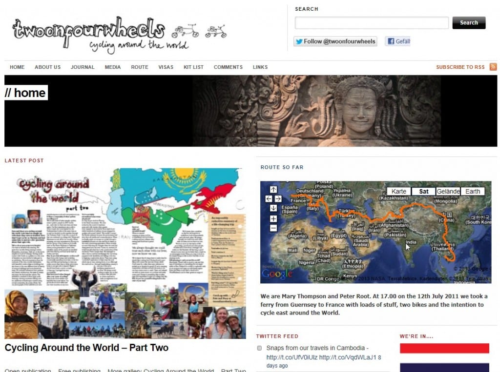 Screenshot der Homepage twoonfourwheels.com, die die Weltreise dokumentieren sollte