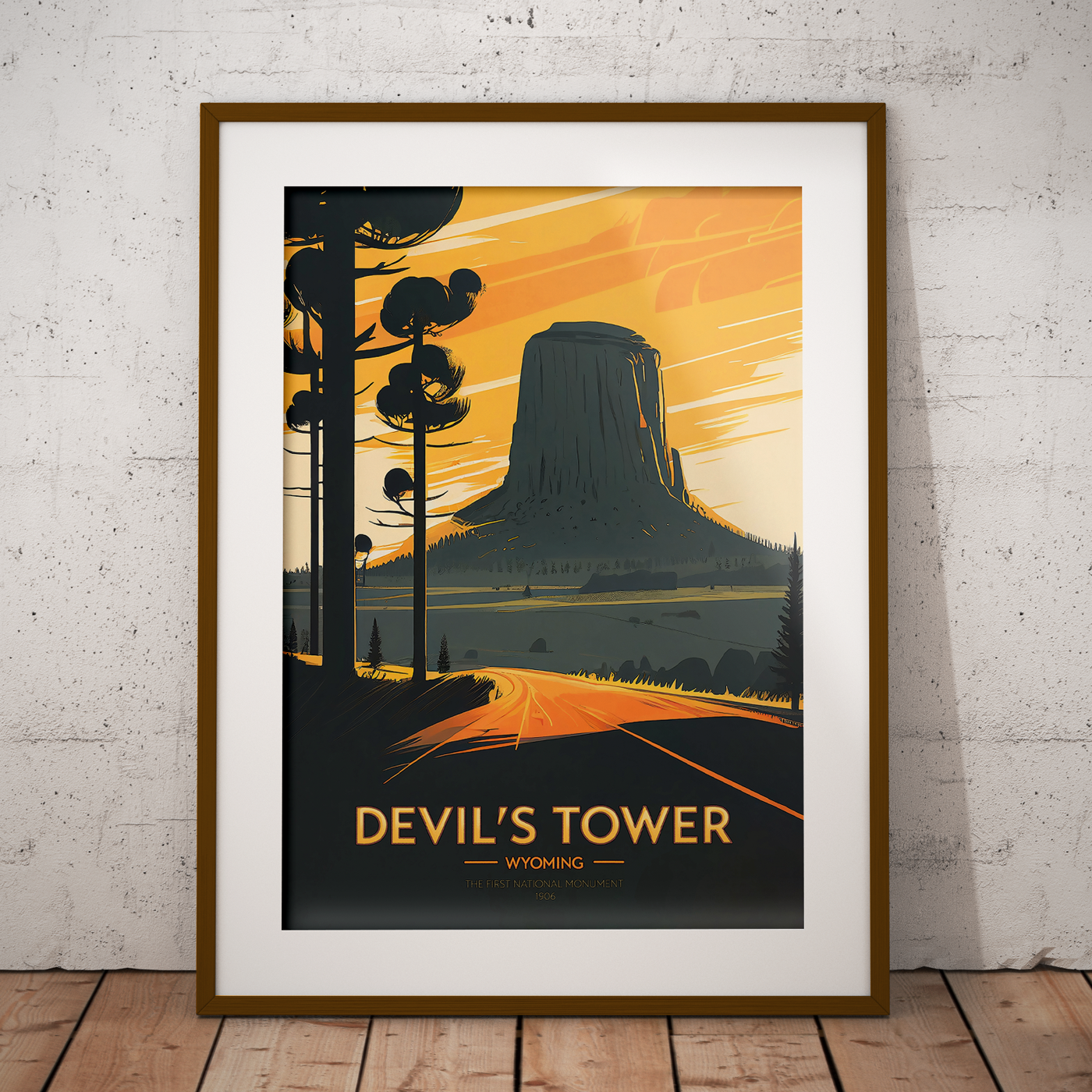 Devil's Tower Vintage Travel Wall Art Print in a mockup frame