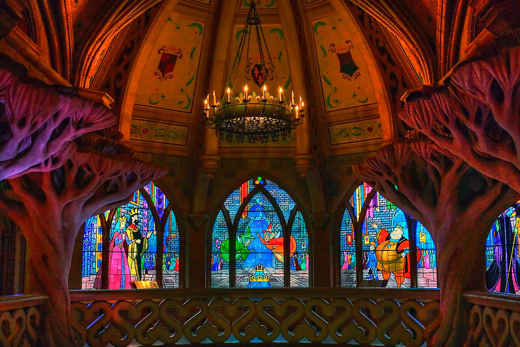 A stained glass window inside The Sleeping Beauty Castle at