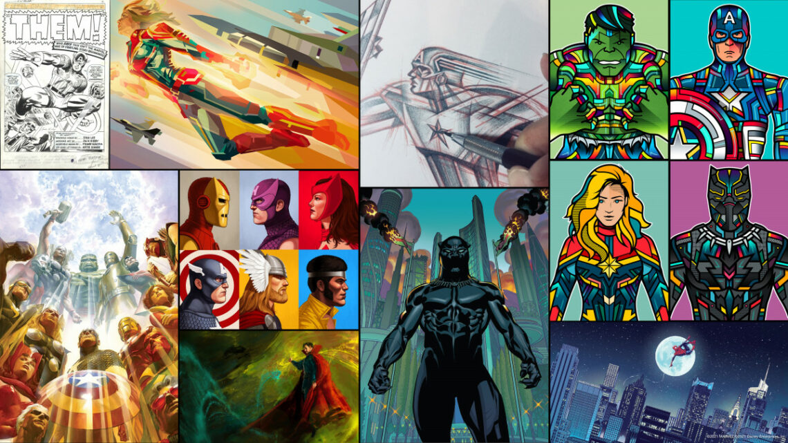 various illustrations of superheroes that will be featured in Disney's Hotel New York - The Art of Marvel at Disneyland Paris