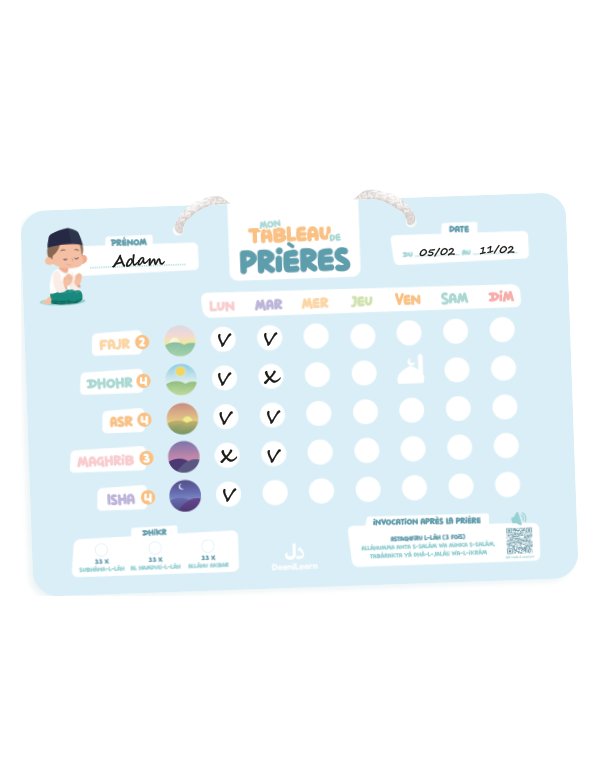 Tableau de prières 'Mon Tableau de Prières' avec un calendrier hebdomadaire, des cases pour marquer les prières accomplies, des illustrations de personnages musulmans, et des espaces pour noter les invocations après chaque prière.