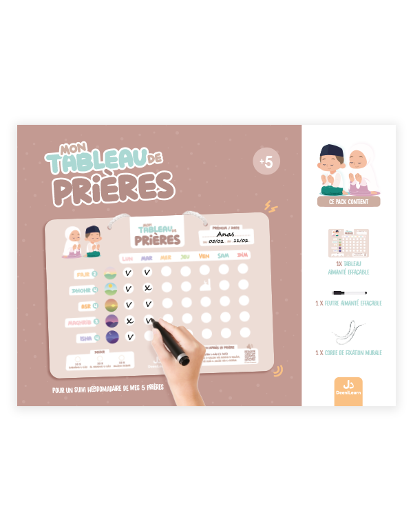 Tableau de prières 'Mon Tableau de Prières' avec un calendrier hebdomadaire, des cases pour marquer les prières accomplies, des illustrations de personnages musulmans, une feuille effaçable, et une corde de fixation murale.