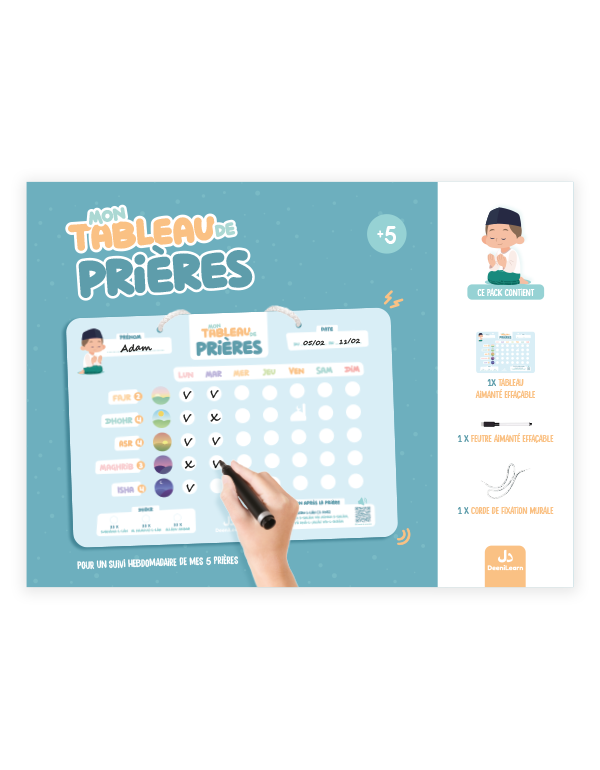 Tableau de prières 'Mon Tableau de Prières' avec un calendrier hebdomadaire, des cases pour marquer les prières accomplies, des illustrations de personnages musulmans, une feuille effaçable, et une corde de fixation murale.