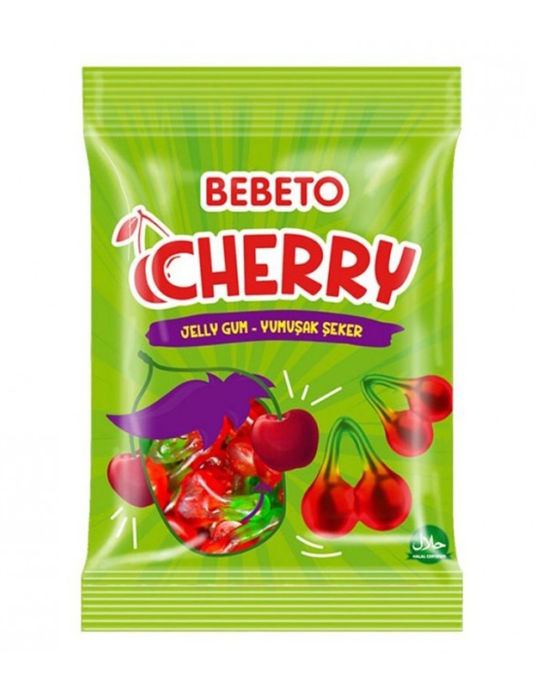 Paquet de bonbons Bebeto Cherry Jelly Gum avec des cerises rouges brillantes, indiquant qu'ils sont certifiés halal.
