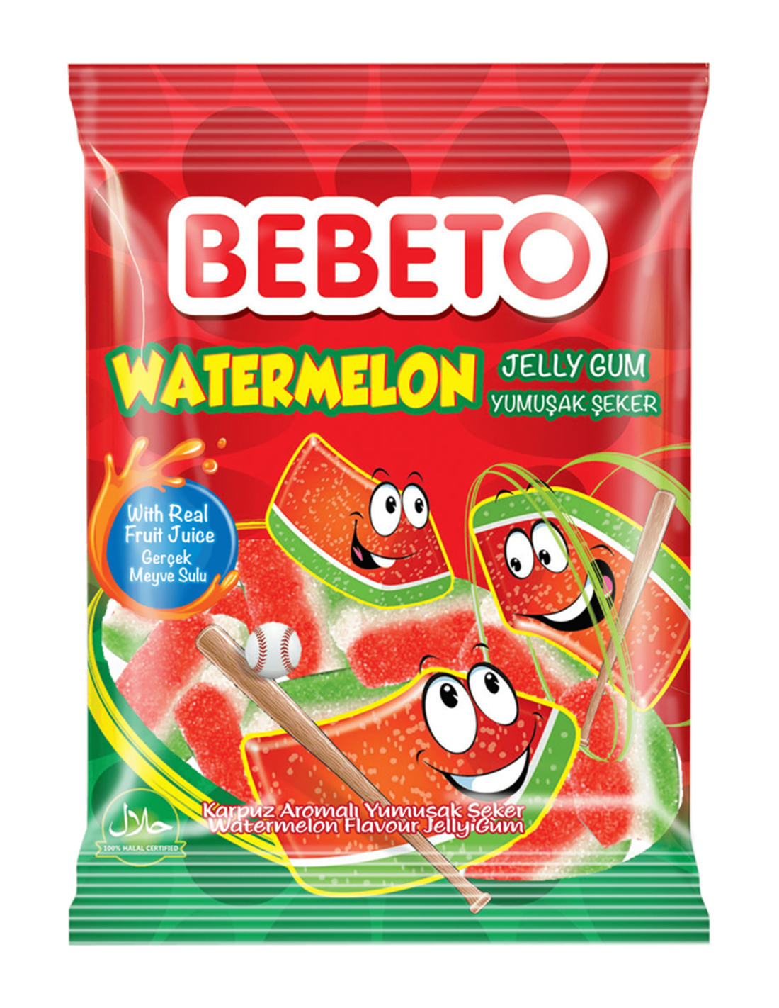 Paquet de bonbons Bebeto Watermelon Jelly Gum avec des morceaux de pastèque souriants, indiquant qu'ils contiennent du jus de fruits réel et sont certifiés halal