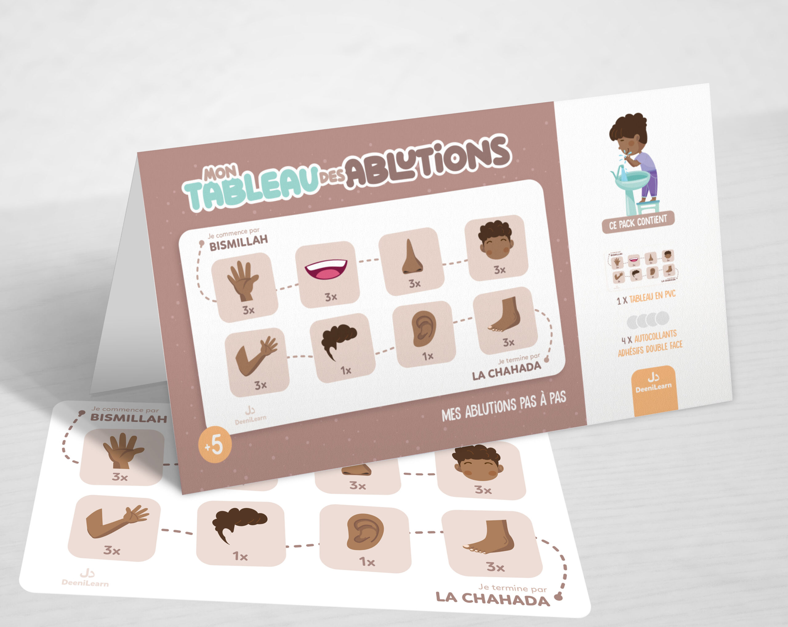 Carte illustrée « Mon Tableau des Ablutions » de DeeniLearn, en version marron, expliquant chaque étape du wudu pour enfants, de la Bismillah à la Chahada.