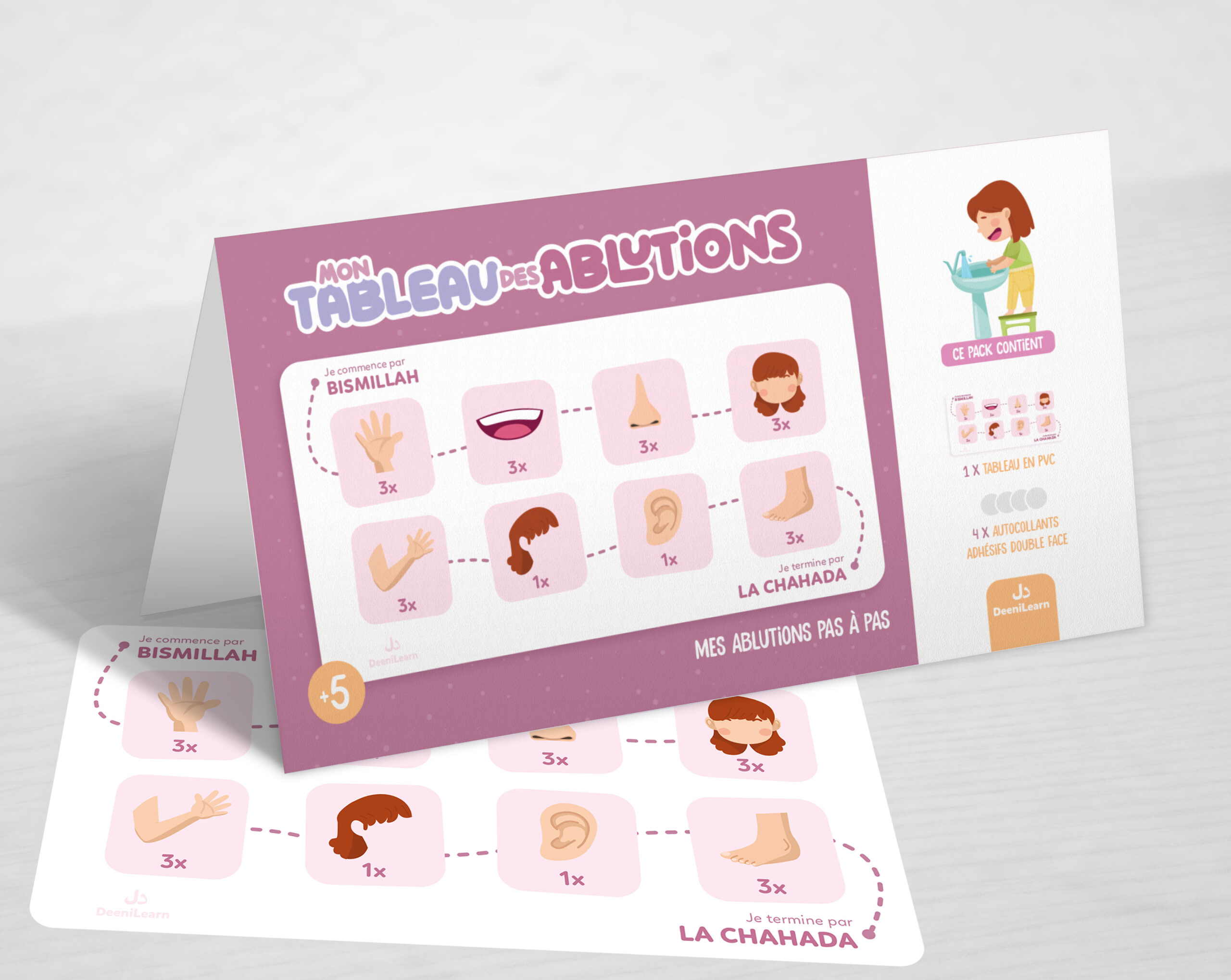 Carte illustrée « Mon Tableau des Ablutions » de DeeniLearn, en version rose, expliquant chaque étape du wudu pour filles, de la Bismillah à la Chahada.