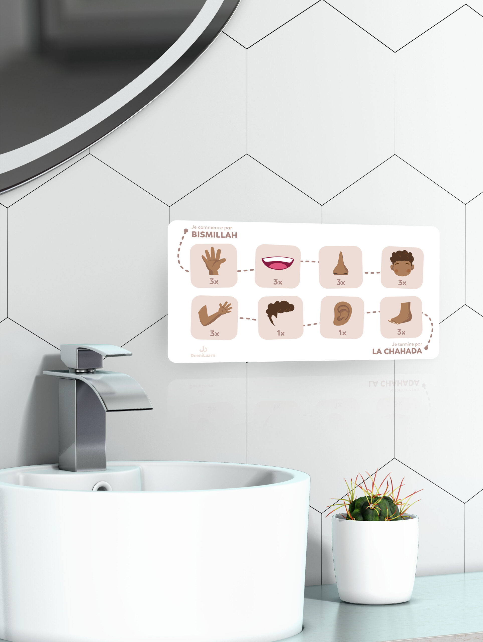Support mural illustré « Mon Tableau des Ablutions » de DeeniLearn, affiché dans une salle de bain, montrant chaque étape du wudu du Bismillah à la Chahada.