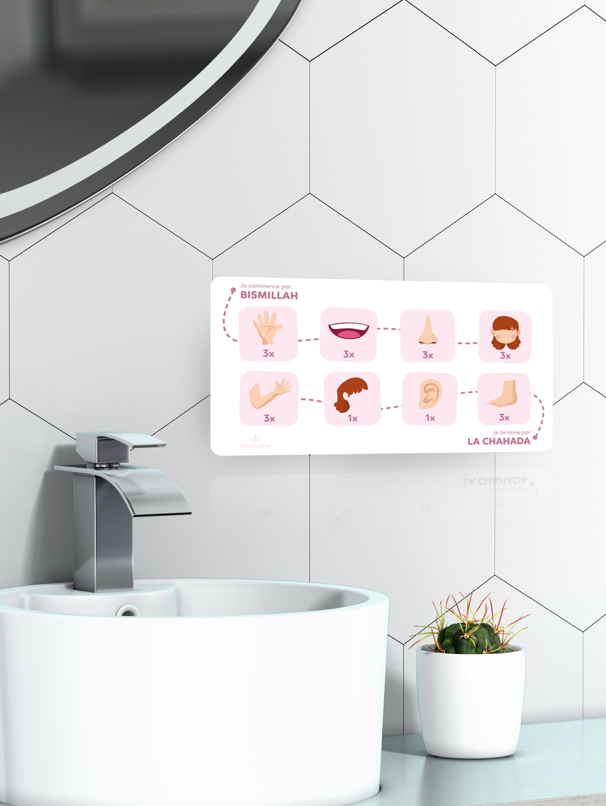 Support mural illustré « Mon Tableau des Ablutions » de DeeniLearn, affiché dans une salle de bain, montrant chaque étape du wudu du Bismillah à la Chahada.