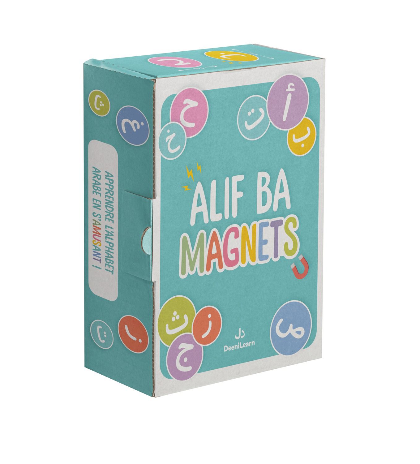 Boîte turquoise « Alif Ba Magnets » de DeeniLearn, contenant des magnets colorés représentant les lettres de l’alphabet arabe.
