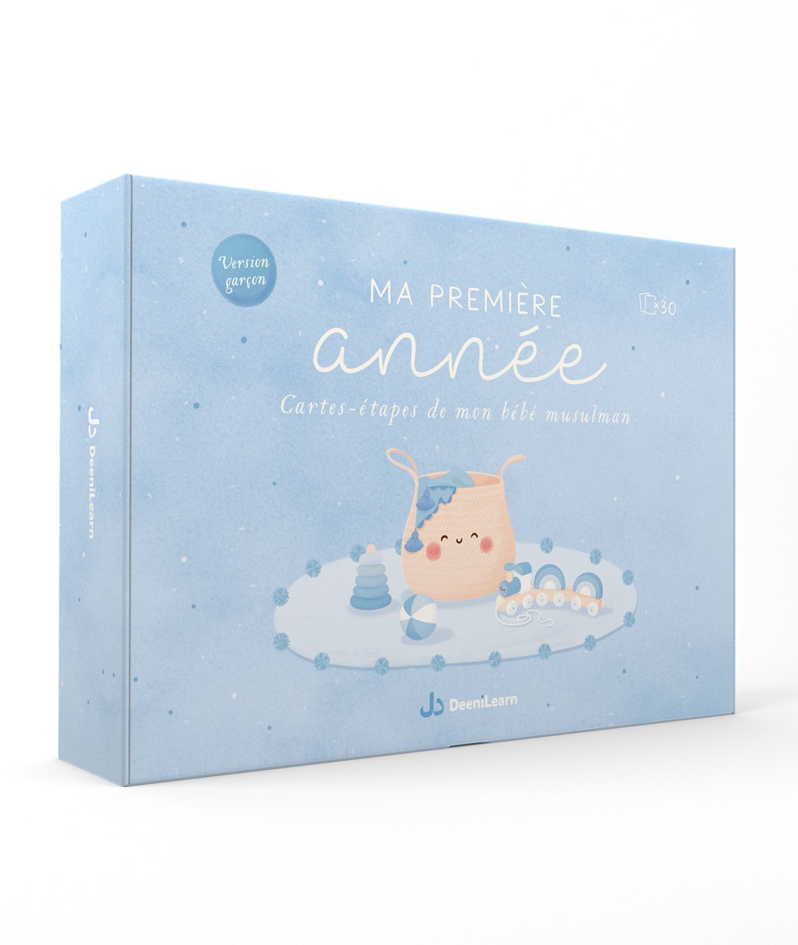 Boîte bleue “Ma Première Année” de cartes-étapes pour bébé musulman (version garçon) par DeeniLearn, illustrée avec des éléments doux et ludiques.