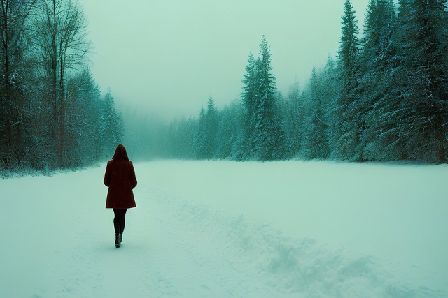 Langs een besneeuwde weg loopt een persoon in de verte doorheen een mistig bos.