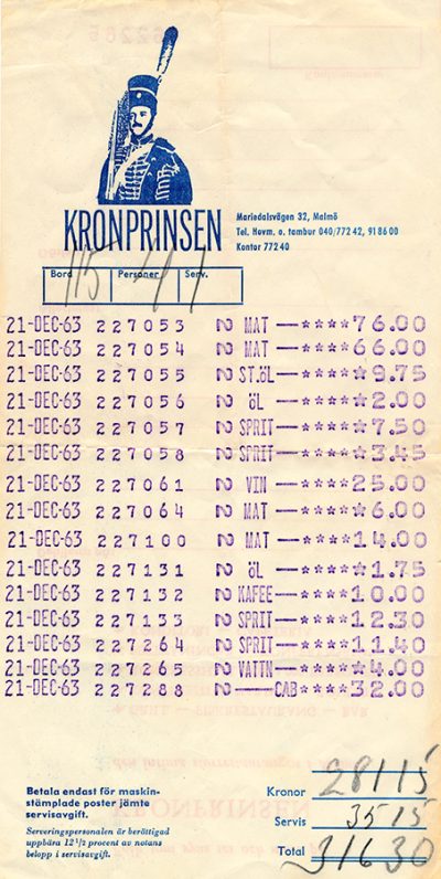 Nota från restaurang Kronprinsen från december 1963