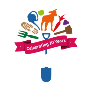 Depden Care Farm Anniversary logo - white text
