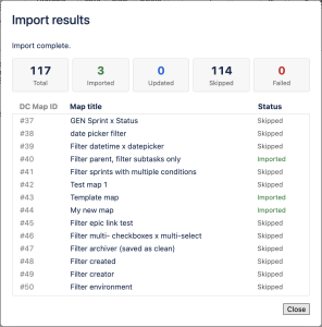 Import summary showing results for each map