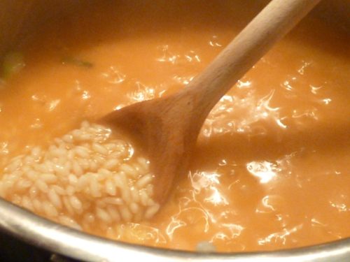 Risotto mit wilden Shrimps, Spargel und geräucherten Heilbutt