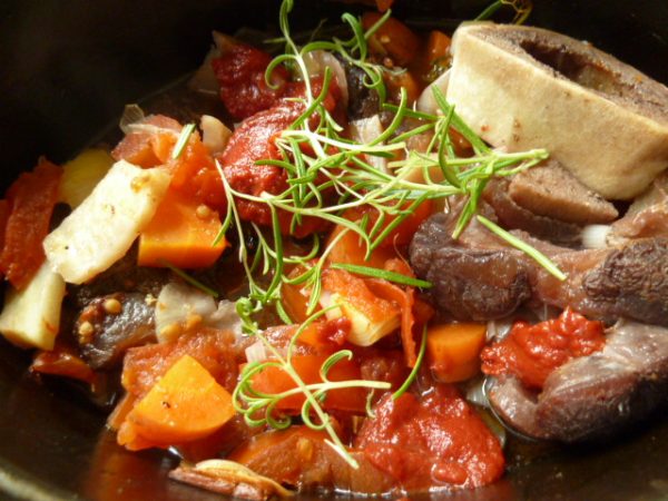 In Rotwein geschmorte Rinderbeinscheiben mit Gemüse