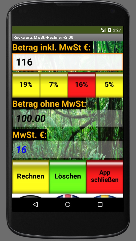 Mehrwertsteuerrechner (Rückwärts) 16%