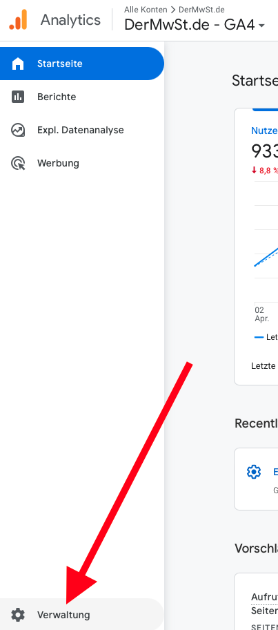 Klicken Sie dann auf "Admin" (Google Analytics)