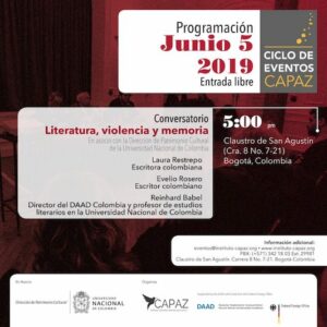 conversatorio con la autora colombiana Laura Restrepo, el escritor colombiano Evelio Rosero sobre la relación entre literatura, violencia y memoria en colombia