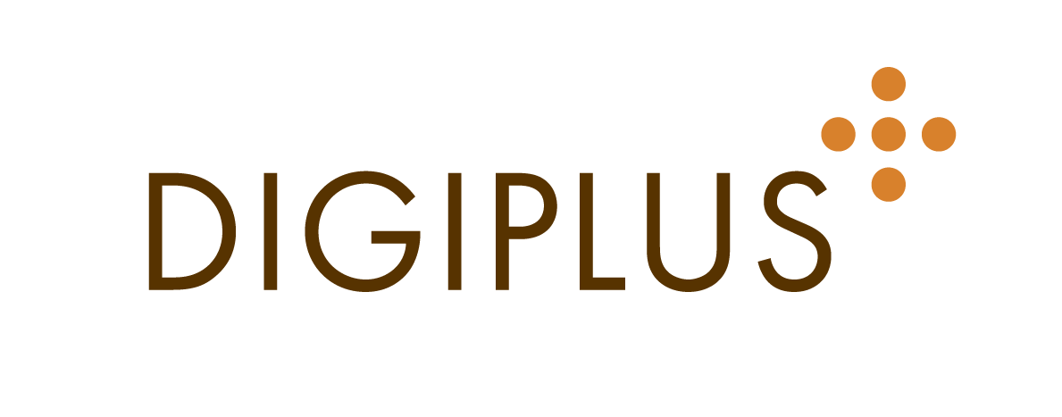 Logo med tekst Digiplus i brunt og fem prikker formet som et plusstegn i orange